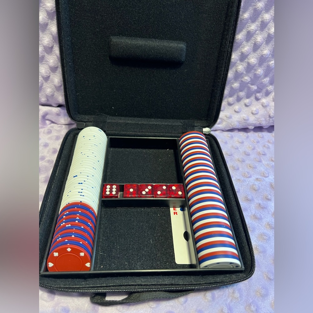 Used poker chips and dice set.